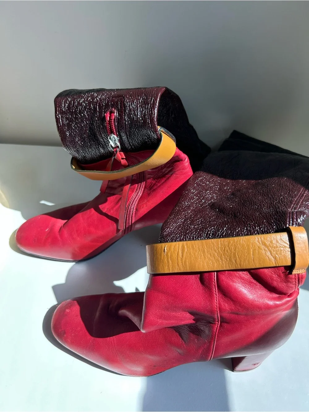 Stuart Weitzman Red Brown Patent Leather Belted Knee-High Boots